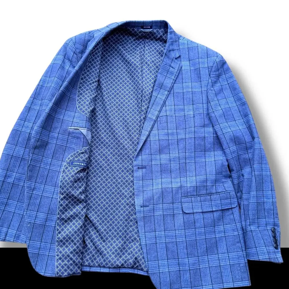 Crown & Ivy Men's 46R Blue Plaid Blazer Sport Coat Two Button Cotton Blend